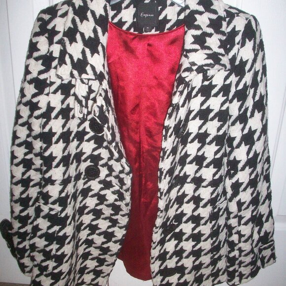 Express Tweed Wool Blend Medium, Black  White Pea Coat Preppy Academia Lined - Picture 2 of 16